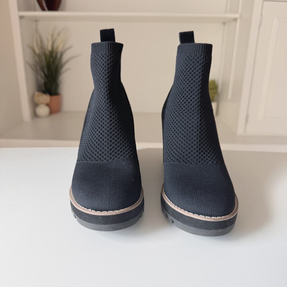 Eileen Fisher Black Suede Knit Quill Stretch Platform Wedge Ankle Bootie Size 7 - Picture 4 of 7